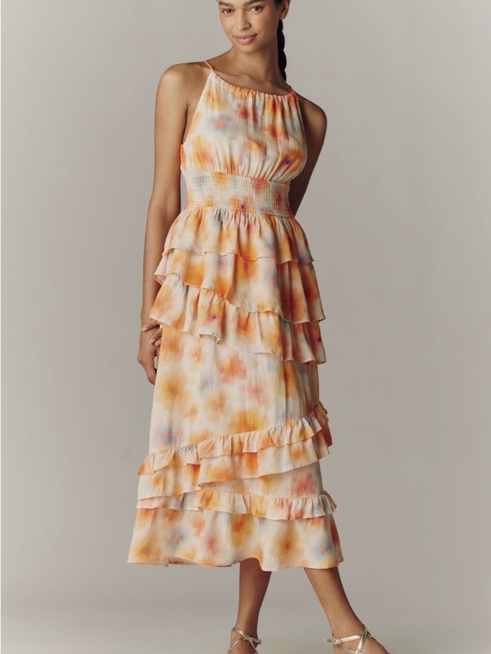 Anthropologie yellow floral Ruffled Halter Midi Dress NWOT